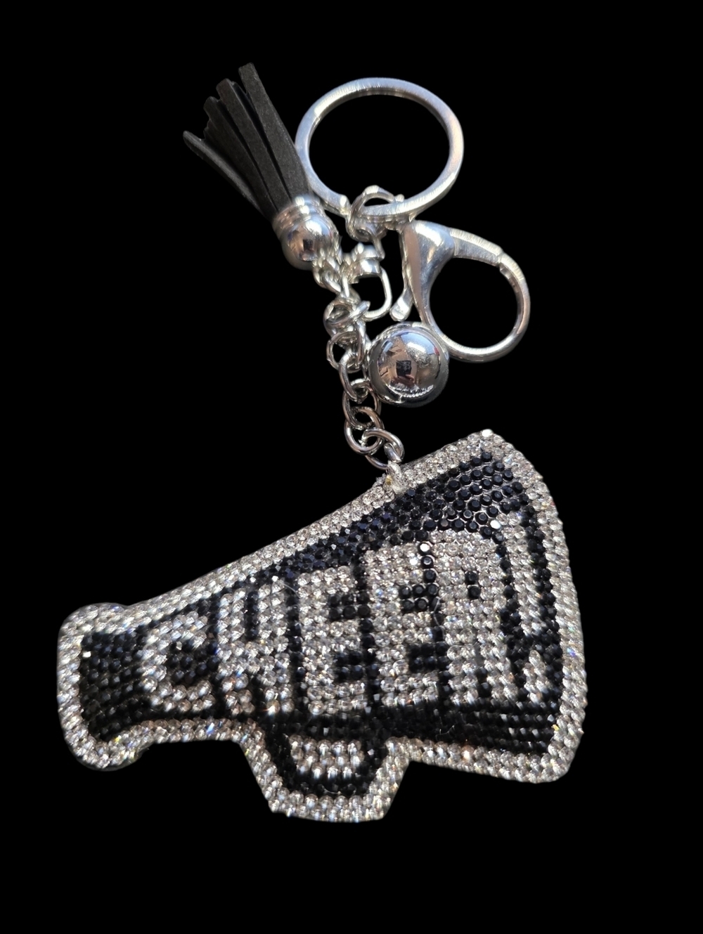 Black Rhinestone 'CHEER' Megaphone Keychain with Red Tassel